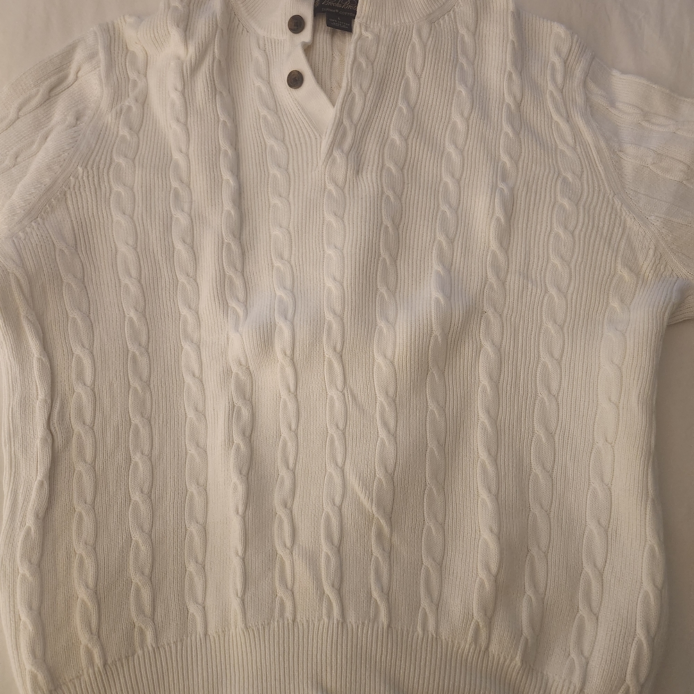Brooks Brothers White Cable-Knit V-Neck Henley Sweater